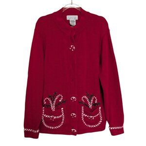 Vintage Candy Cane Cardigan Womens Size Large Red Peppermint Christmas Holiday